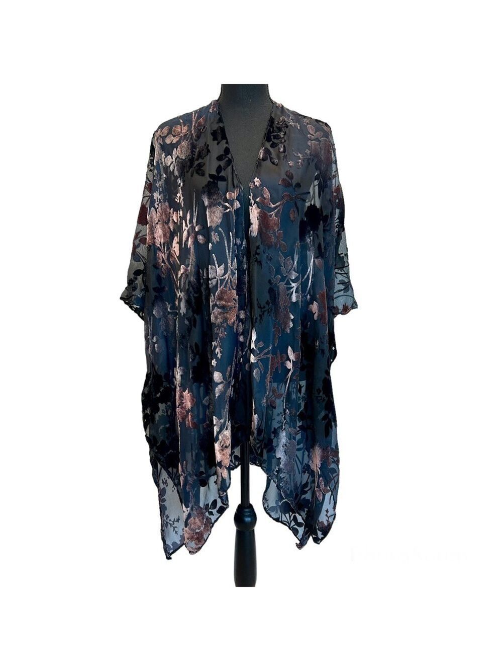 LOVE stitch pink black velvet floral kimono cardigan beach coverup shrug poncho